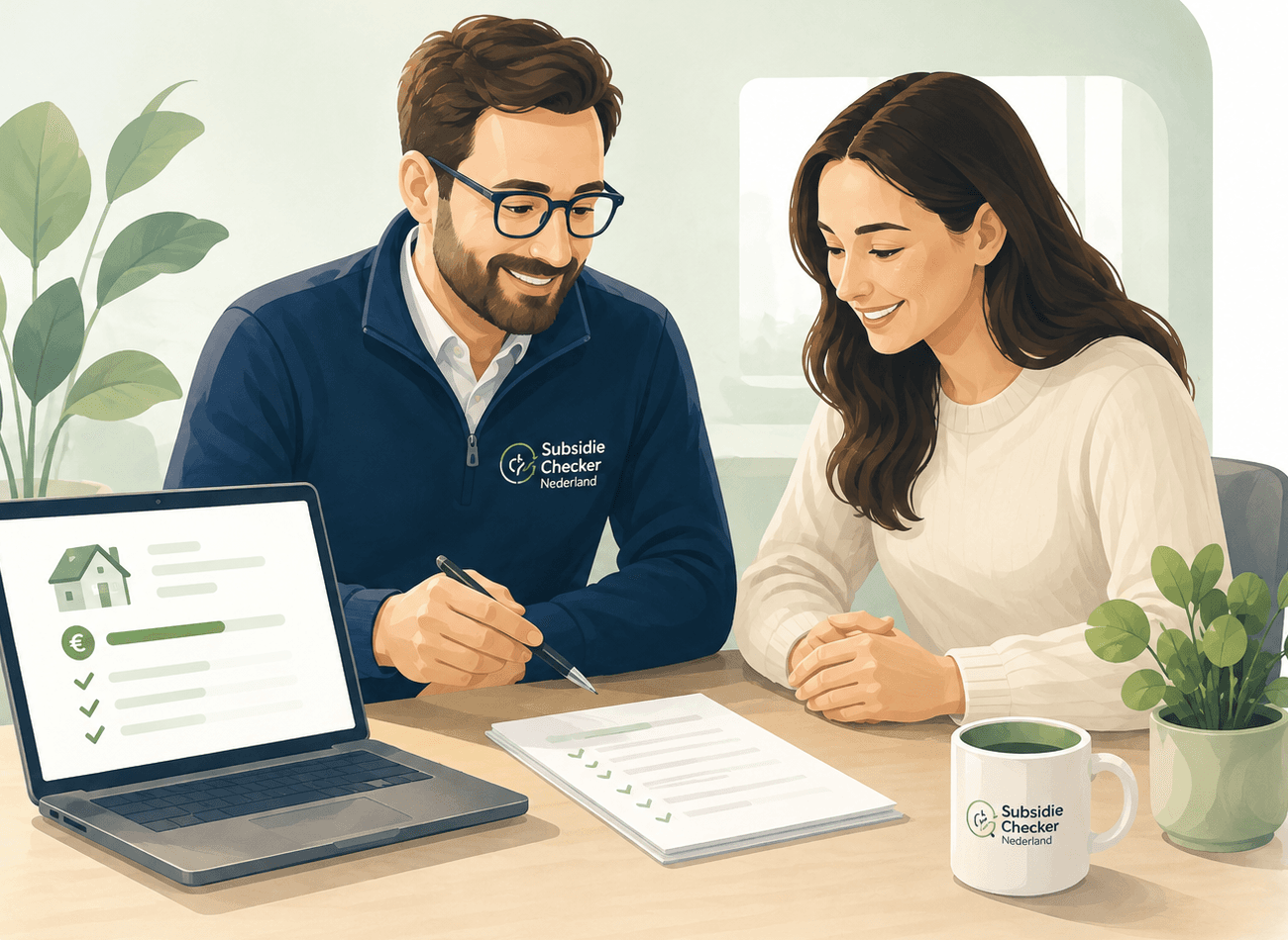 Illustratie: adviseur en klant bekijken samen een subsidieoverzicht